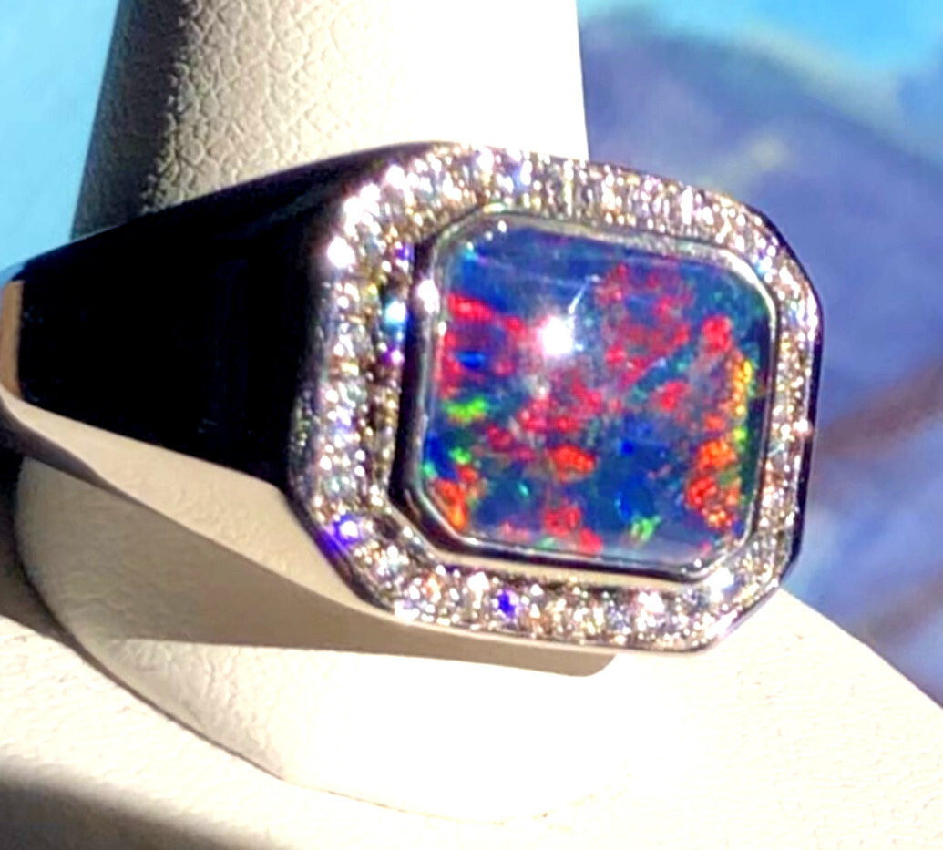 Mens Solid Black Opal Signet ring 9 Red Blue FIRE Halo Heavy Sterling ring VIDEO image 2