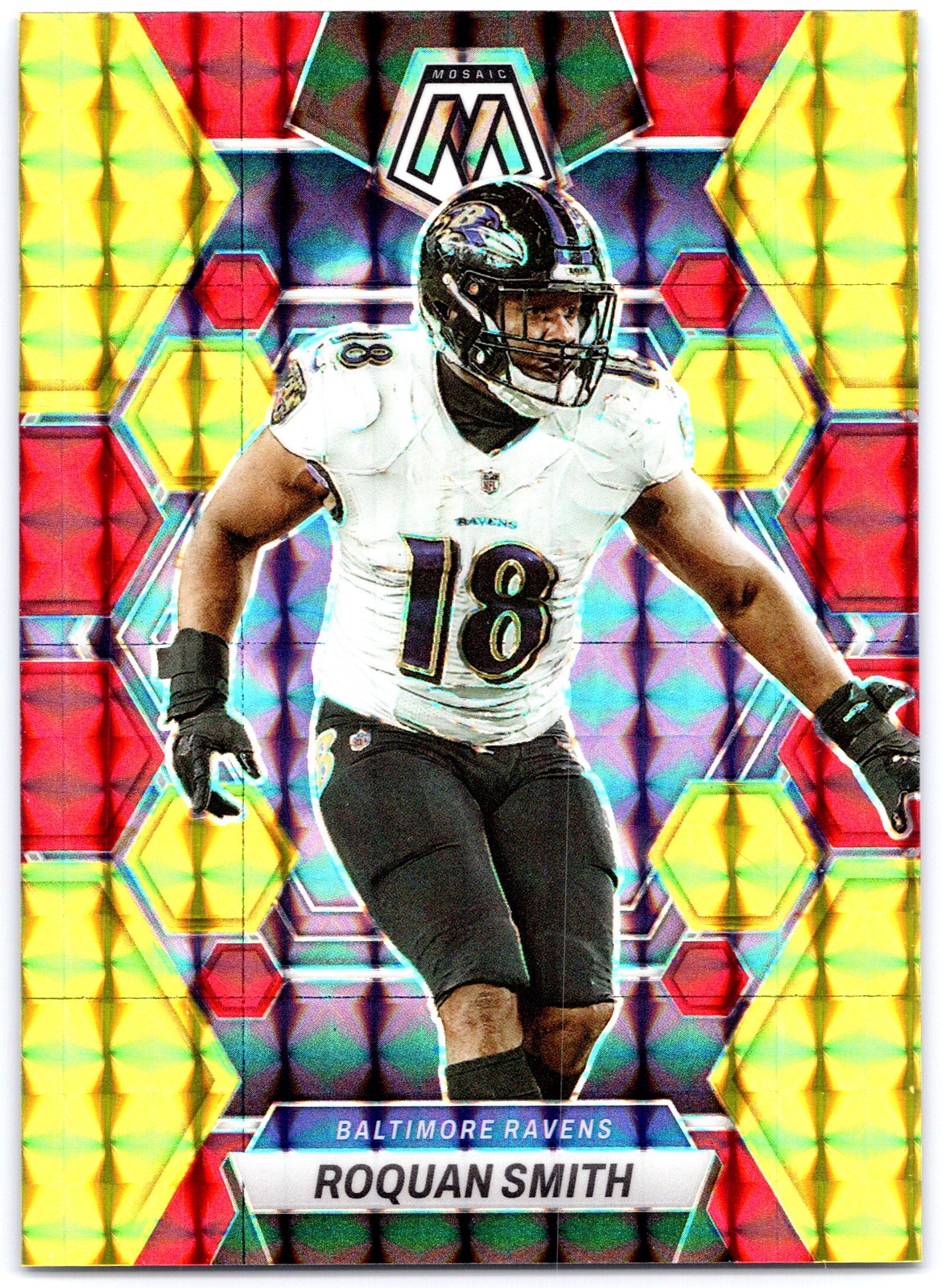2023 Panini Mosaic #16 Roquan Smith Red and Yellow Fusion Mosaic #/80