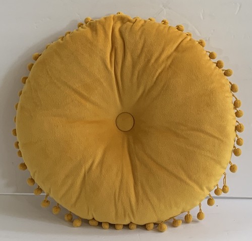 VTG Mustard Gold Yellow Velvet Tufted Round Pillow PomPom Trim Center Button 14” - Picture 2 of 9