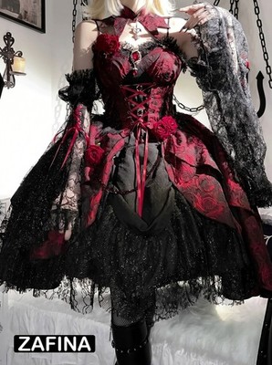 Rose Gothic JSK Lolita Dress Black Red Jacquard Extended Sleeve Dress
