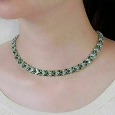 30 Ct Round Cut Lab Created Green Emerald 14K White Gold Plated Tennis Necklace