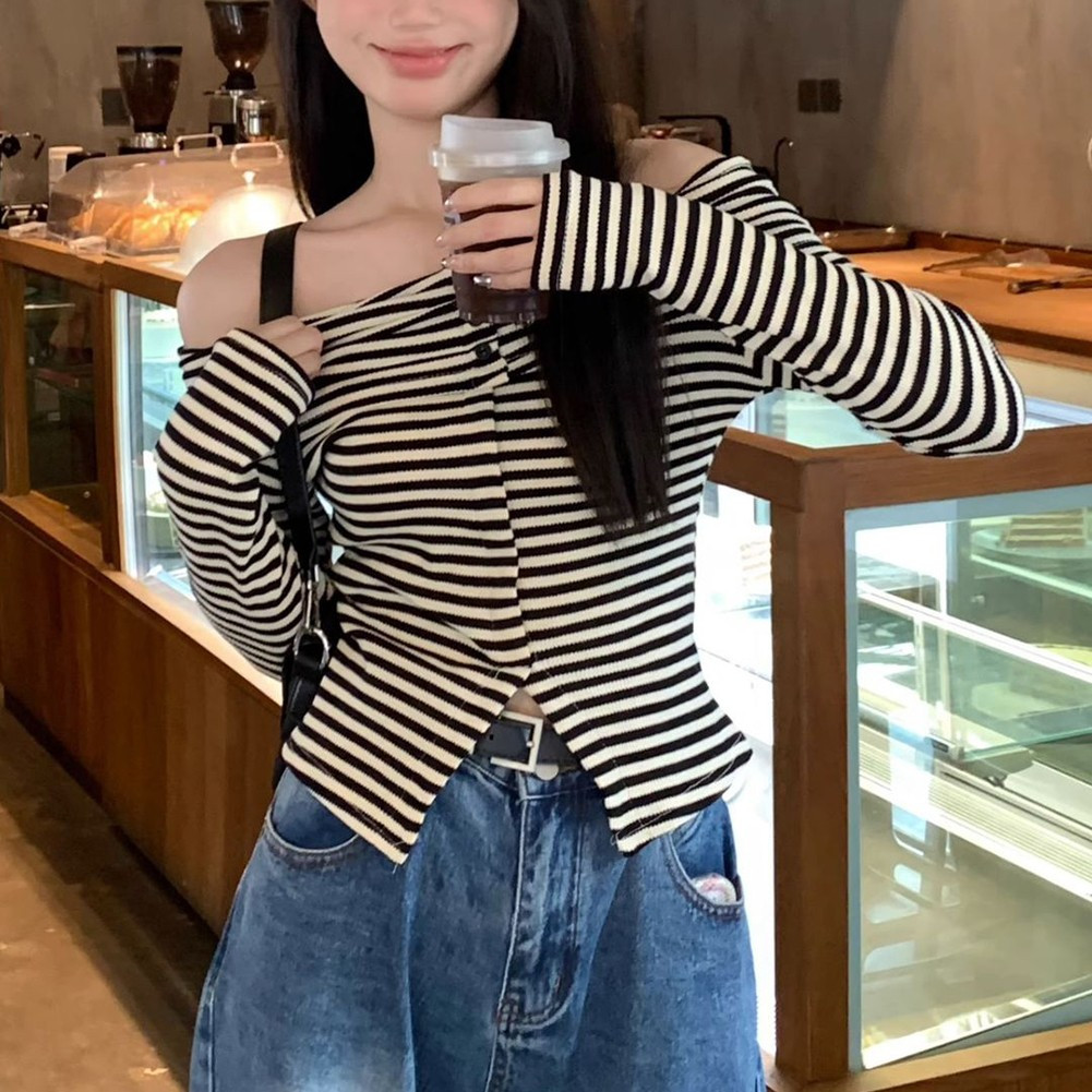 Trendy Women's Long Sleeve One Shoulder Top with Stripes Perfect