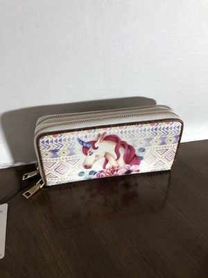 Brentano Boho Eppi Unicorn Double Zip Wristlet Wallet 8  x 4 