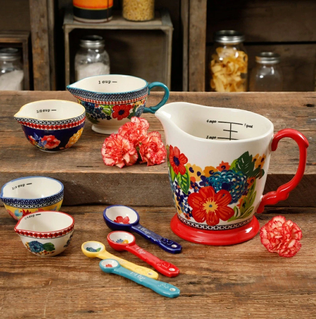 The Pioneer Woman Dazzling Dahlias 9 Pc Measuring Set Decorated , Stoneware