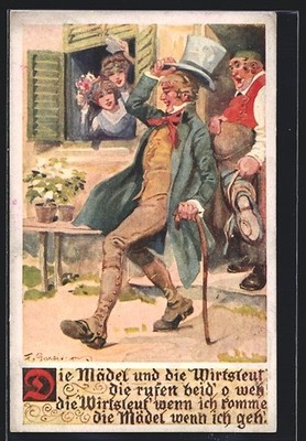 Artist postcard F. Gareis: the girls and the innkeepers..., man comes from the guest 