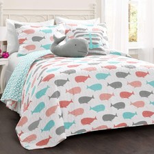 Whale Reversible 4 Piece Quilt Bedding Set with Sham and Decorative Throw Pil...