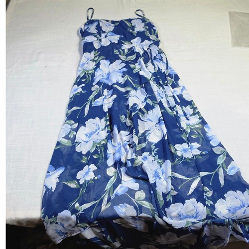 Lily Rose Blue Floral Maxi Dress Spaghetti Strap Ruffle Faux Wrap Large