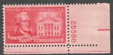 US. 1086. 3c. Alexander Hamilton (1755-1804) and Federal Hall. w/Pl#. MNH. 1957