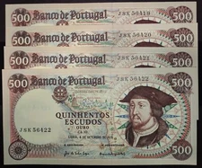 Portugal 4 X 500 escudos 1979 consecutive numbers AUNC