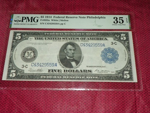 5.00 1914 Federal Reserve Note Philadelphia PMG 35 Choice Very Fine - Picture 2 of 3