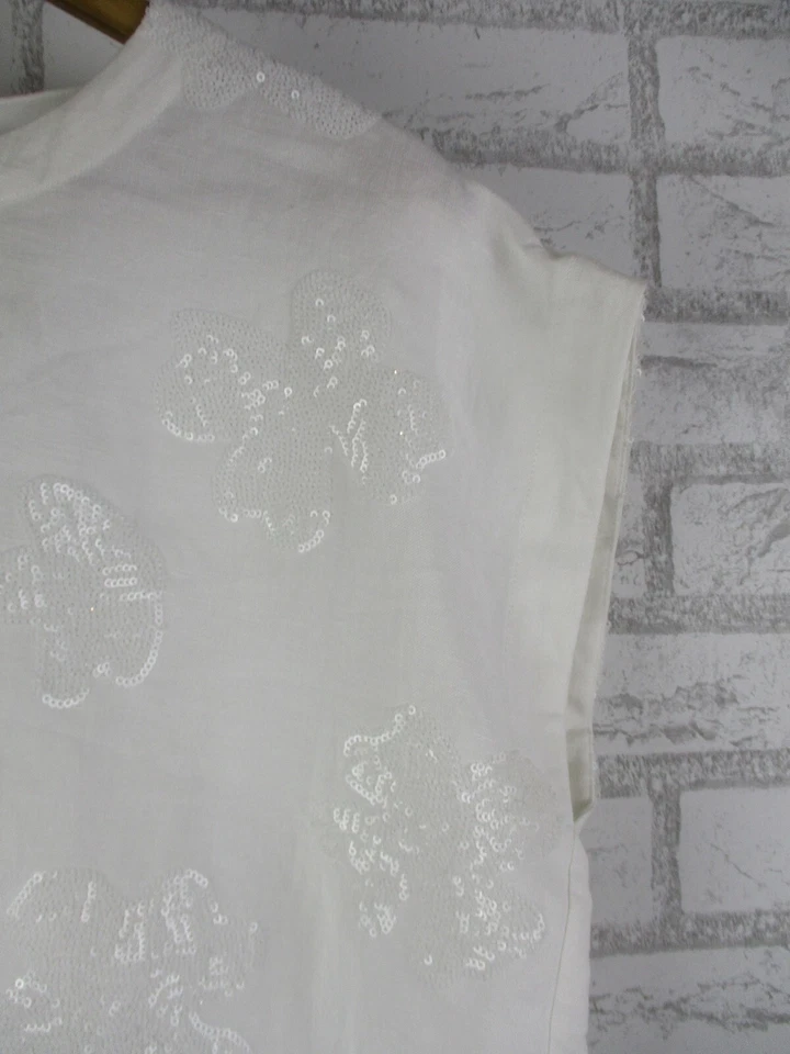 Alpha 60 Mujer Top Blusa Blanco Lino Mezcla Lentejuelas XS, 8 Manga Corta Foto 4 de 4