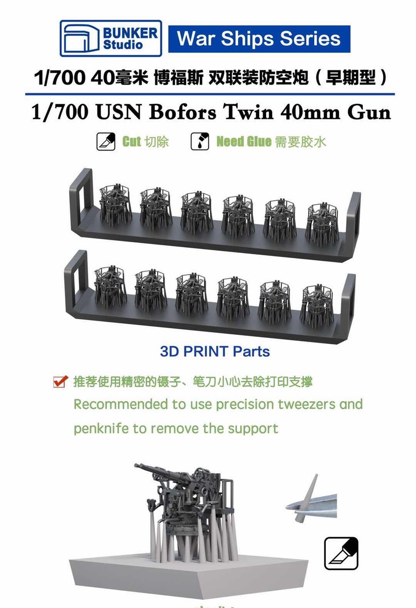 Bunker Studio 1/700 USN 40mm Twin Bofors Gun 3D print sets
