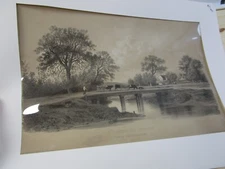Francoise Delarue Cow Lithograph man moving cows over a bridge to farm