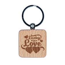 Lucky in Love Hearts Anniversary Valentine's Day Engraved Wood Square Keychain