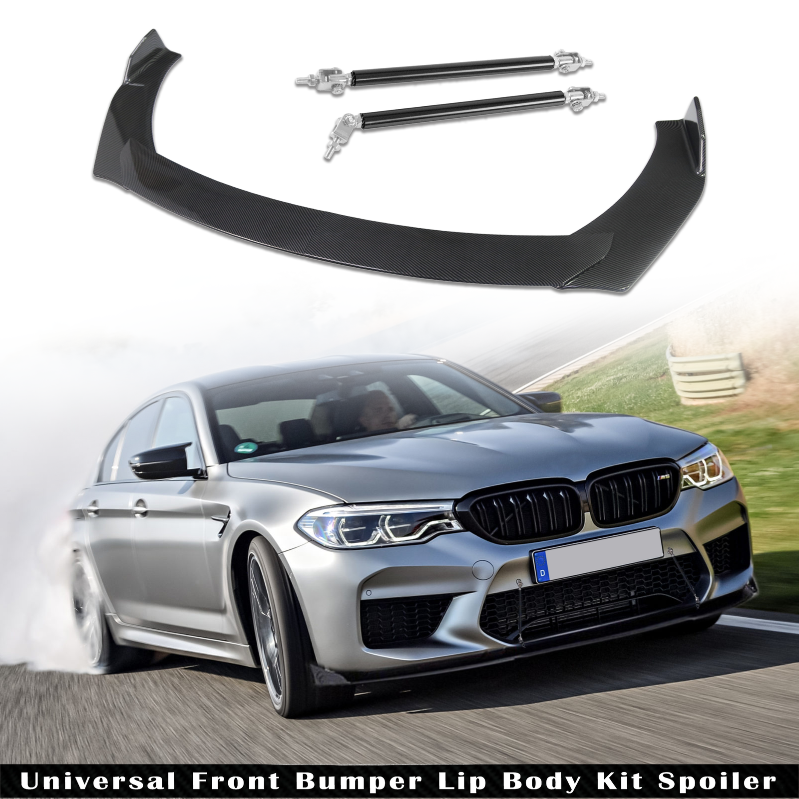 For BMW Front Bumper Lip Spoiler Splitter Carbon Fiber+ Strut Rods