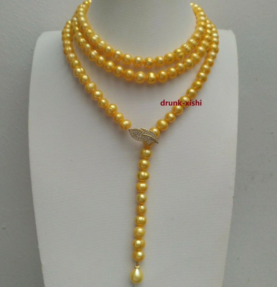 Collar Colgantes de Perlas Amarillas del Mar del Sur 38" 8-9 mm Cierre de Pluma de Plata Foto 2 de 4