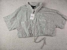 NWT! FOREVER 21 Size Medium Women's White & Green Striped Cropped Dress Shir