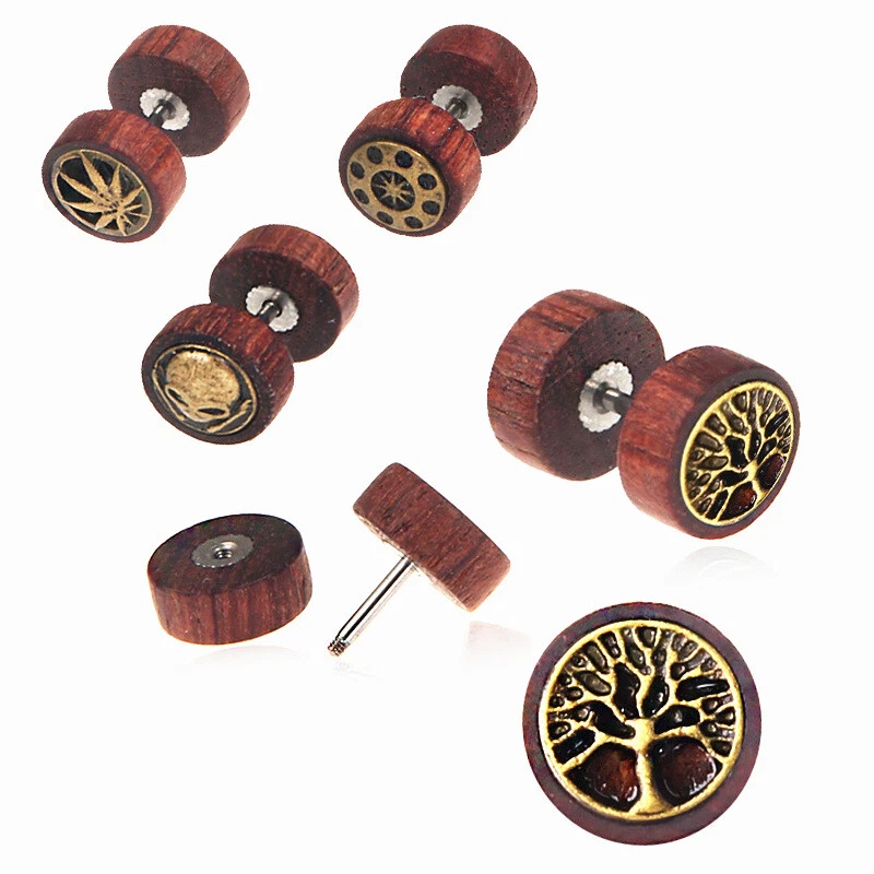 1 Par 16G Madera Falso Tramposo Retro Tapón para los Oídos Expansor Tornillo Perno Ilusión Pendiente Foto 2 de 3