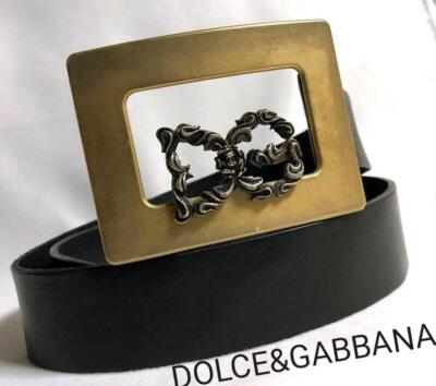 Dolce&Gabbana Men Dg Rose Logo Square Buckle Belt Black Gold 90cm