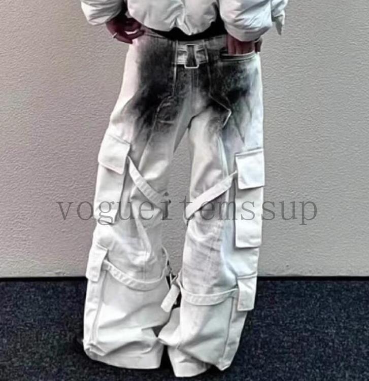 Men White Splash-ink Multiple Pockets Tie Straps Cargo Pants