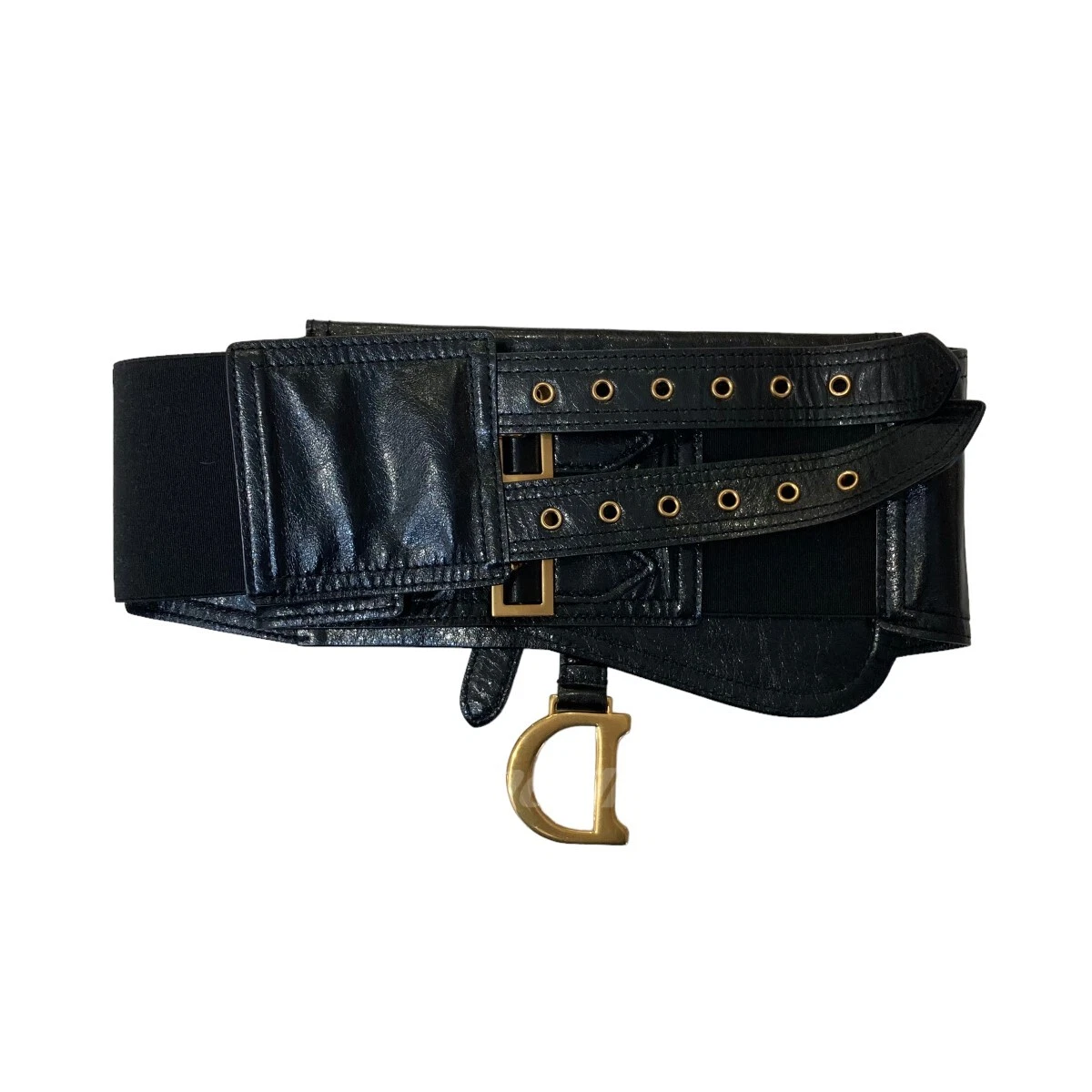 Christian Dior saddle Belt Black Leather Gold Hardware Waist Pouch  w/storagebag