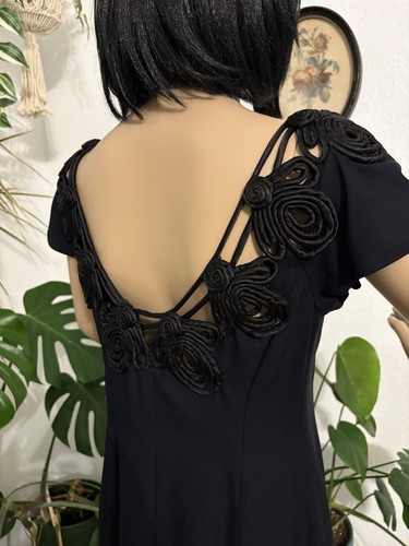 Vintage 80s Women’s Formal Party Dress LBD Sexy Black Maxi Sz S-M Soutache Neck - Picture 4 of 13