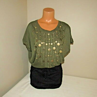 Vera Moda Embelished Skirted Shirt Dress Blouse Top Olive/Black 160/80A NWT