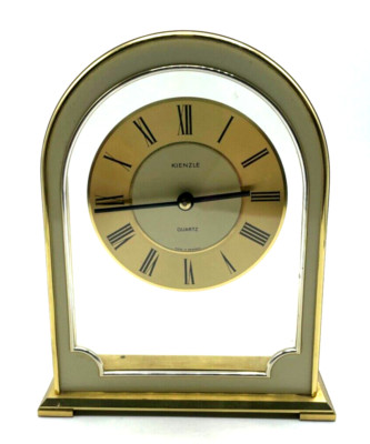 Vintage formschöne Kienzle Tischuhr Messing Gehäuse + Emaille Quartz Werk läuft