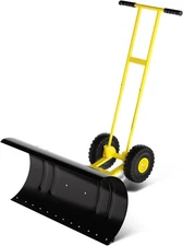 Snow Pusher with Wheels, 29.5" H-Shape Snow Shovel, Adjustable Angle & Height