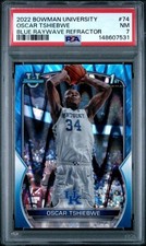 2022 BOWMAN CHROME UNIVERSITY #74 OSCAR TSHIEBWE BLUE RAYWAVE REFRACTOR PSA 7
