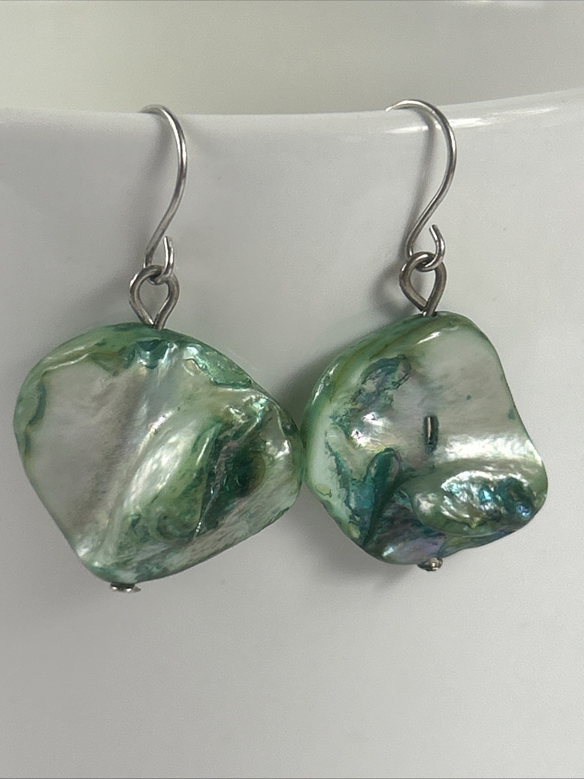 Abalone Shell Dangling Earrings Green Asymmetrica… - image 1