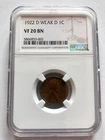 1922 D Weak D 1C Lincoln Wheat Cent NGC Certified VF 20 BN