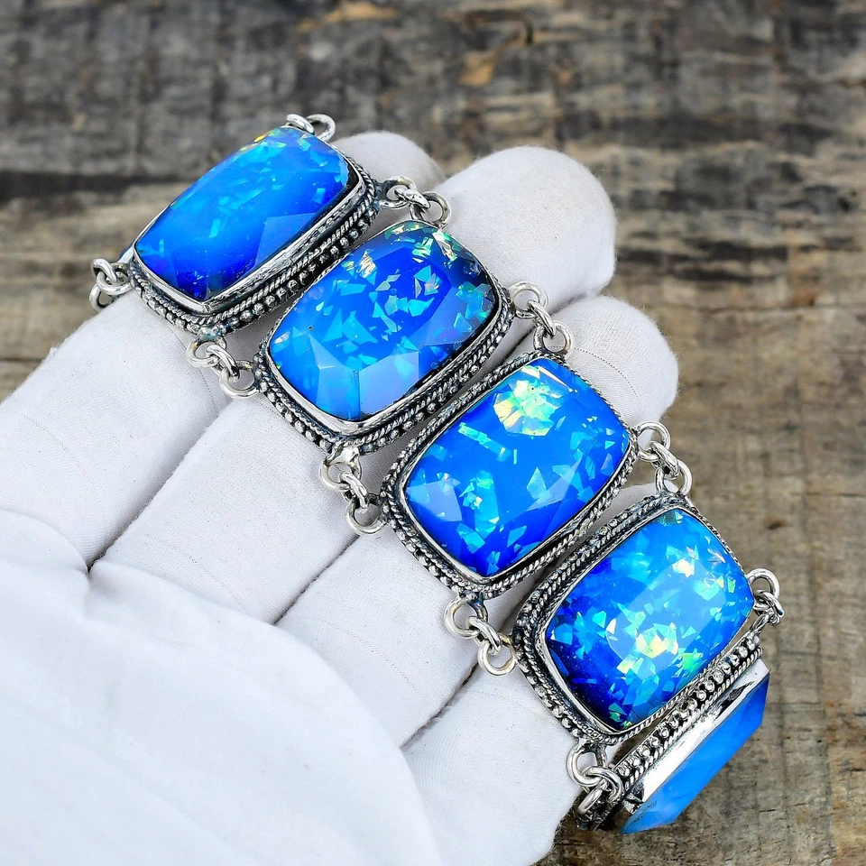 Blu Lucido Tripletta Fuoco Opale Gemma 925 Argento Sterling Artigianale Bracelet - Immagine 4 di 4