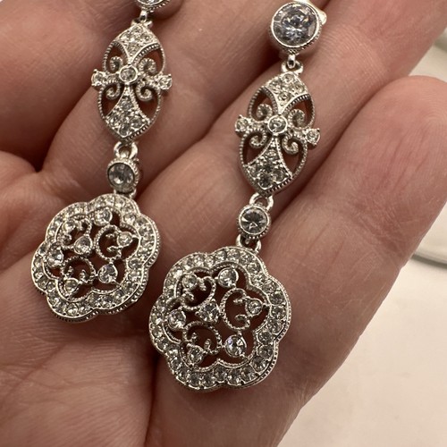 Vintage Signed Art Deco Style Sterling Silver CZ Chandelier Earrings 1.75” - Picture 8 of 10