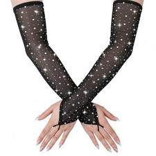 Fingerless Rhinestone Long Gloves, Sparkly Rhinestone Long Mesh Gloves Elbow