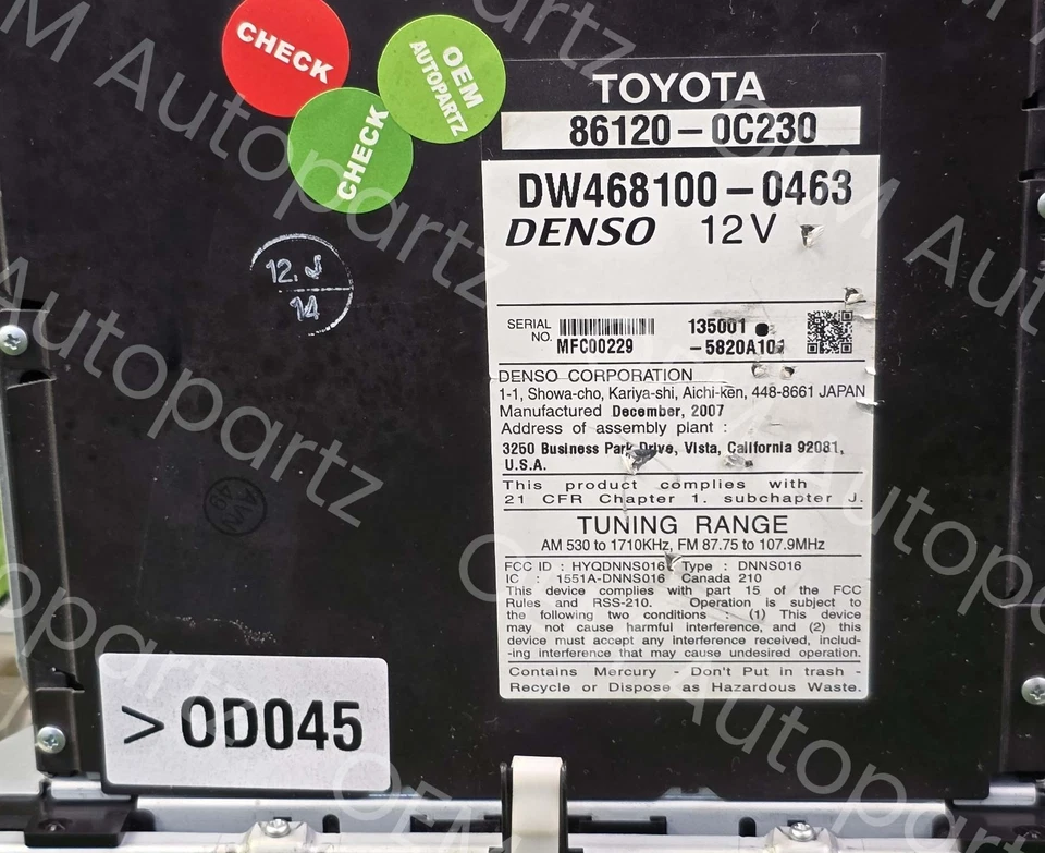 Toyota SEQUOIA 2007-2009 JBL Navegación Display Unidad 86120-0c230 Fabricante Original Usado Foto 4 de 4