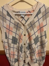 Vtg IZOD Argyle Sweater Vest Women L Green Peach GOLF diamond knit V-neck Cotton