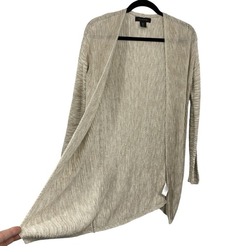 Tahari Knit Linen Blend Cardigan size Small Stone Beige open Front Long Length - Picture 4 of 11