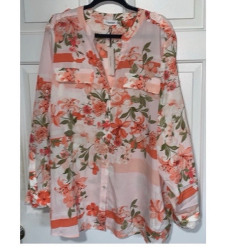 NEW CALVIN KLEIN Plus Size Peach Floral Button Down Blouse NWT 3X