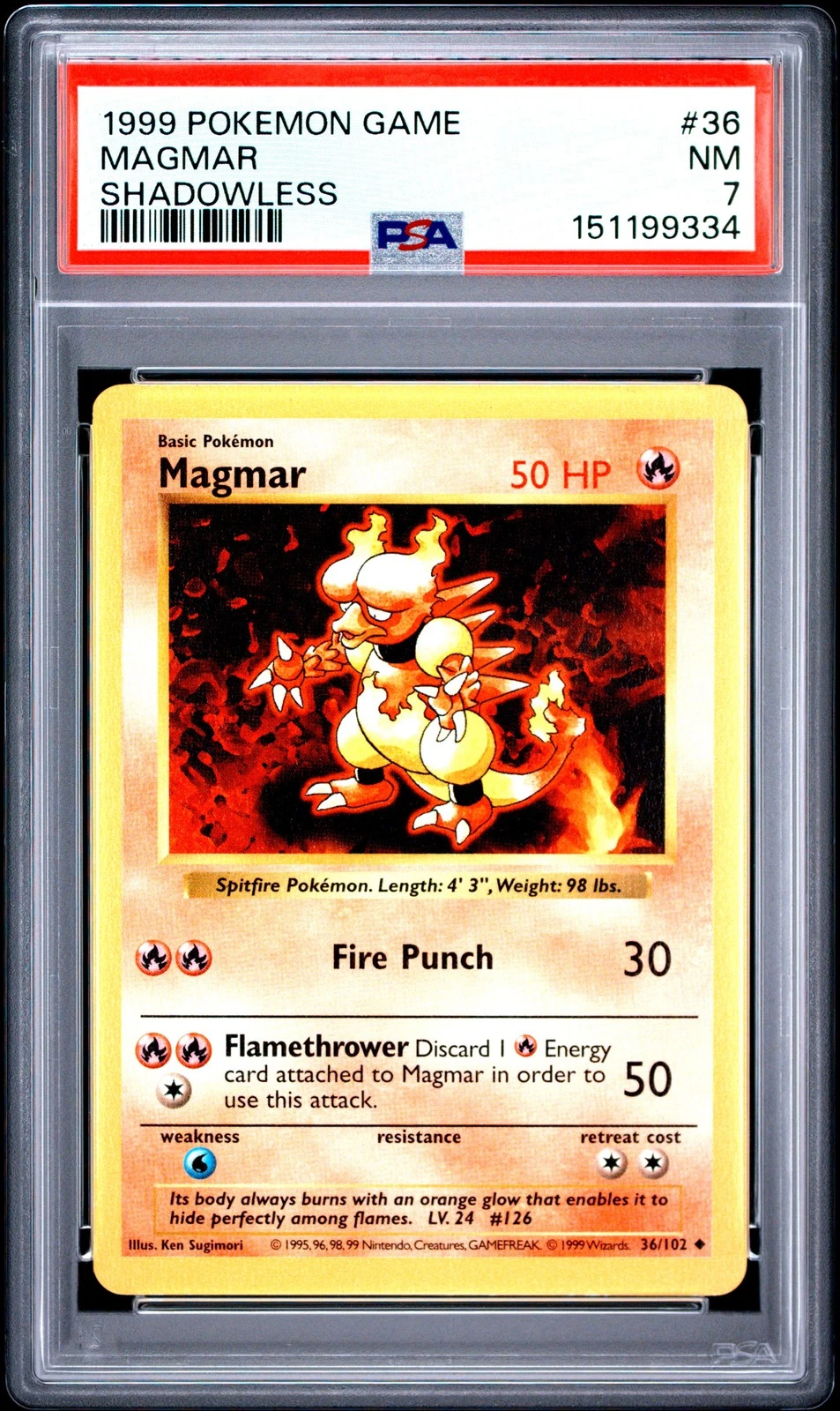 1999 POKEMON BASE SET SHADOWLESS #36 MAGMAR PSA 7
