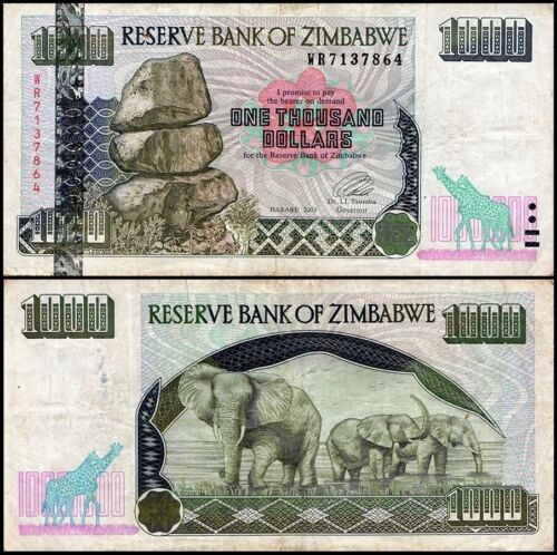 Zimbabwe 1000 Dollars, 2003, P-12, Used X 100 PCS Bundle Pack - Picture 2 of 2