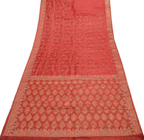 Sushila Vintage Rust Saree 100% Pure Silk Embroidered Floral Sari Craft Fabric - Picture 1 of 9
