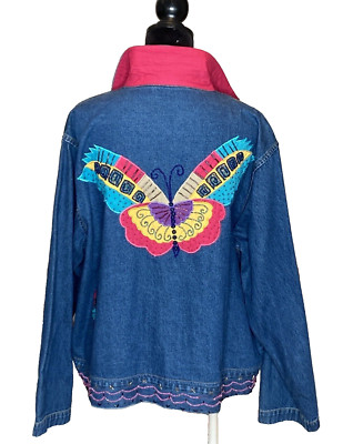 Ultimate Philadelphia PA Denim Jacket Women Large Blue Beaded Embroidered Casual