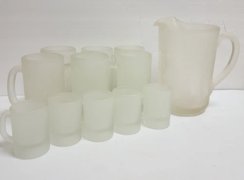 Indiana Glass Tiara White Frosted Pitcher & 6 Large Mugs & 5 Small Mugs Vintage