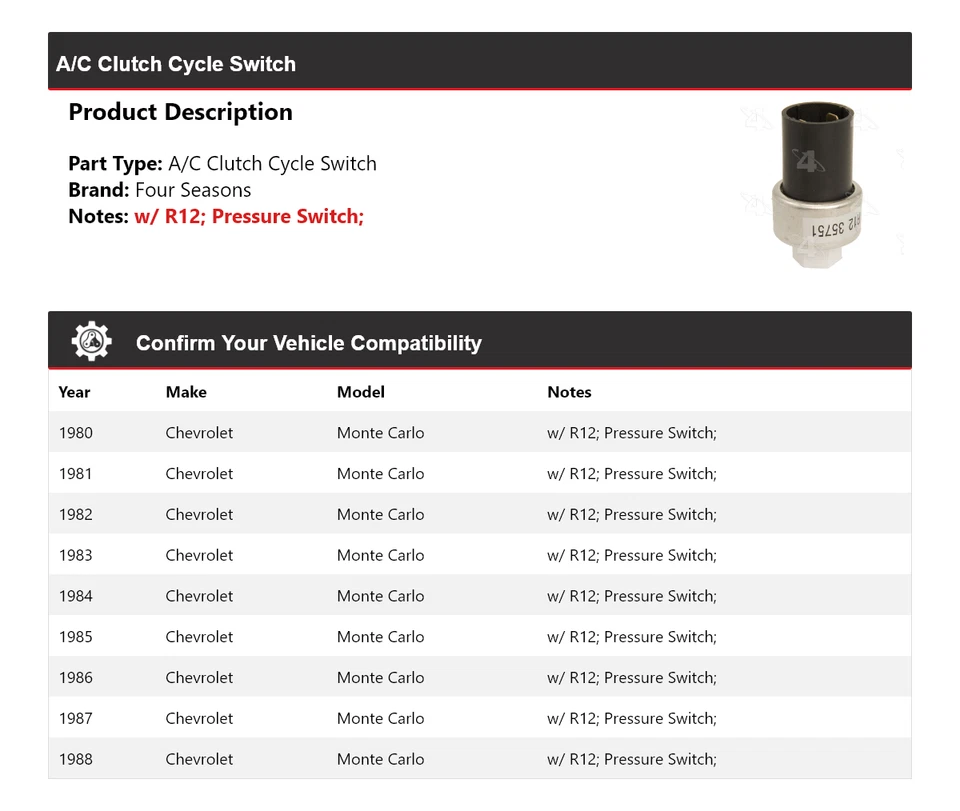 For 1980-1988 Chevrolet Monte Carlo A/C Clutch Cycle Switch 4 Seasons 1981 1982 - Image 2 of 4