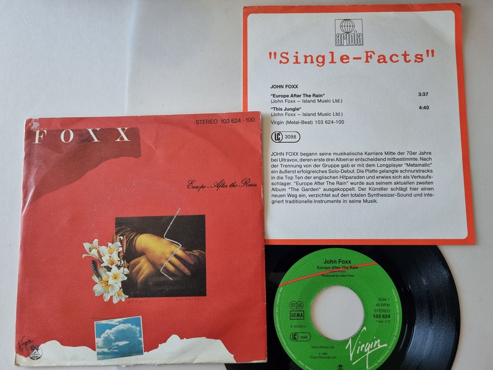 John Foxx - Europe After The Rain 7'' Vinyl WITH PROMO FACTS/ Ultravox