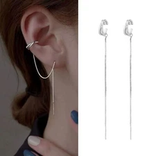 2Pcs Women 925 Silver Plated CZ Cross Clip Ear Cuff Chain Threader Earrings I126