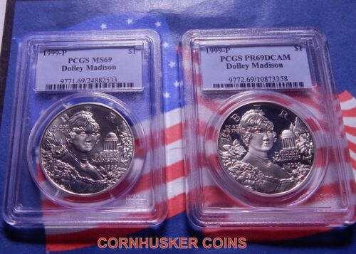 1999-P DOLLEY MADISON 90% SILVER DOLLARS PCGS MS69 & PR69 2 COIN SET BLAST WHITE - Picture 1 of 2
