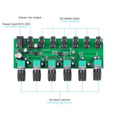 NEW 6 Ways Stereo Mixer Audio Distributor Mixing Board With Volume Control