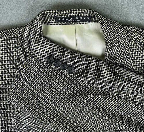 Hugo Boss Blazer Jacket Mens 44 Navy Blue Yellow Silk Vintage USA Sport Coat